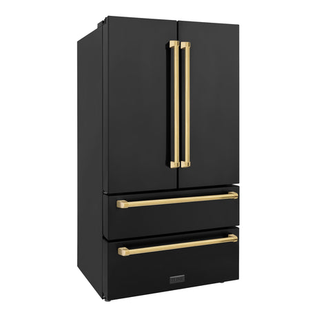 ZLINE 36" Autograph Edition 22.5 cu. ft Freestanding French Door Refrigerator with Ice Maker in Fingerprint Resistant Black Stainless Steel with Accents (RFMZ-36-BS) [Color: Gold Accents]