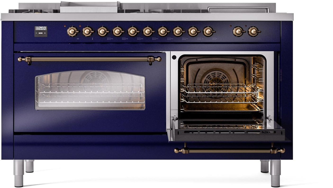 Nostalgie II 60 Inch Dual Fuel Liquid Propane Freestanding Range in Blue with Bronze Trim