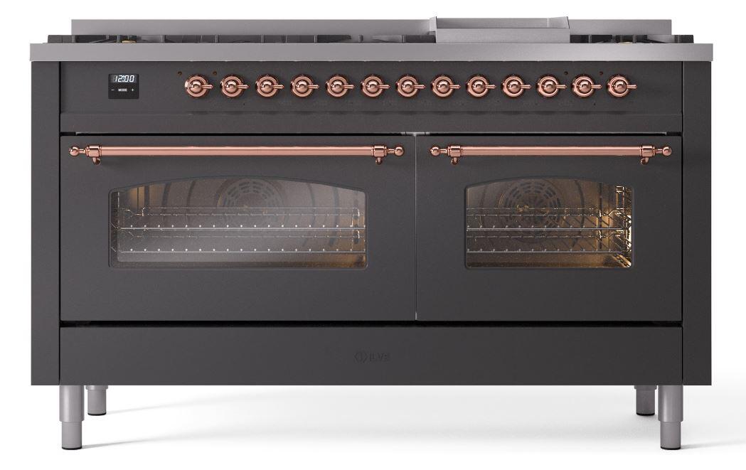 Nostalgie II 60 Inch Dual Fuel Natural Gas Freestanding Range in Matte Graphite with Copper Trim