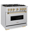 ZLINE Autograph Edition 36 in. 5.2 cu. ft. Classic Gas Range with 6 Burner Cooktop and Convection Gas Oven in DuraSnow' Stainless Steel and Champagne Bronze Accents (CGRSZ-36-CB)