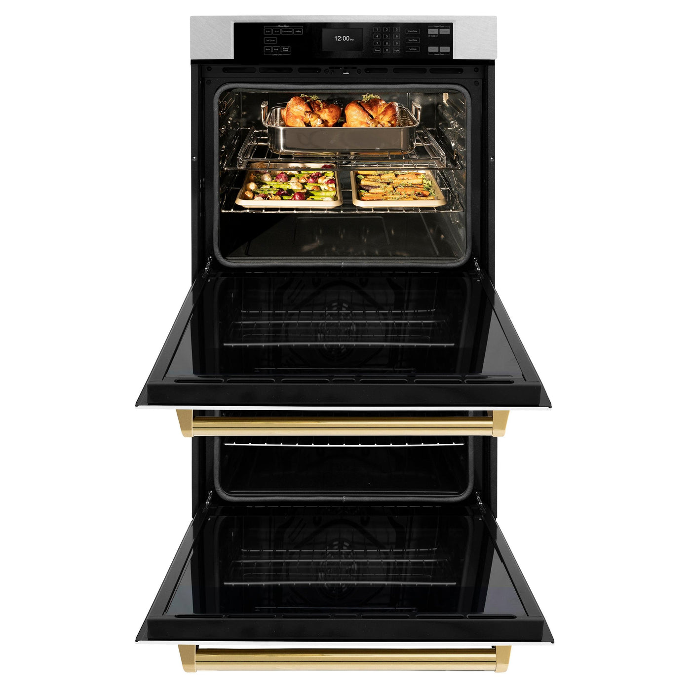 ZLINE 30 in. Autograph Edition Professional True Convection Double Wall Oven with Air Fry and Self Clean in DuraSnow' Stainless Steel with White Matte Doors and Polished Gold Handles (WADSZ-WM-30-G)