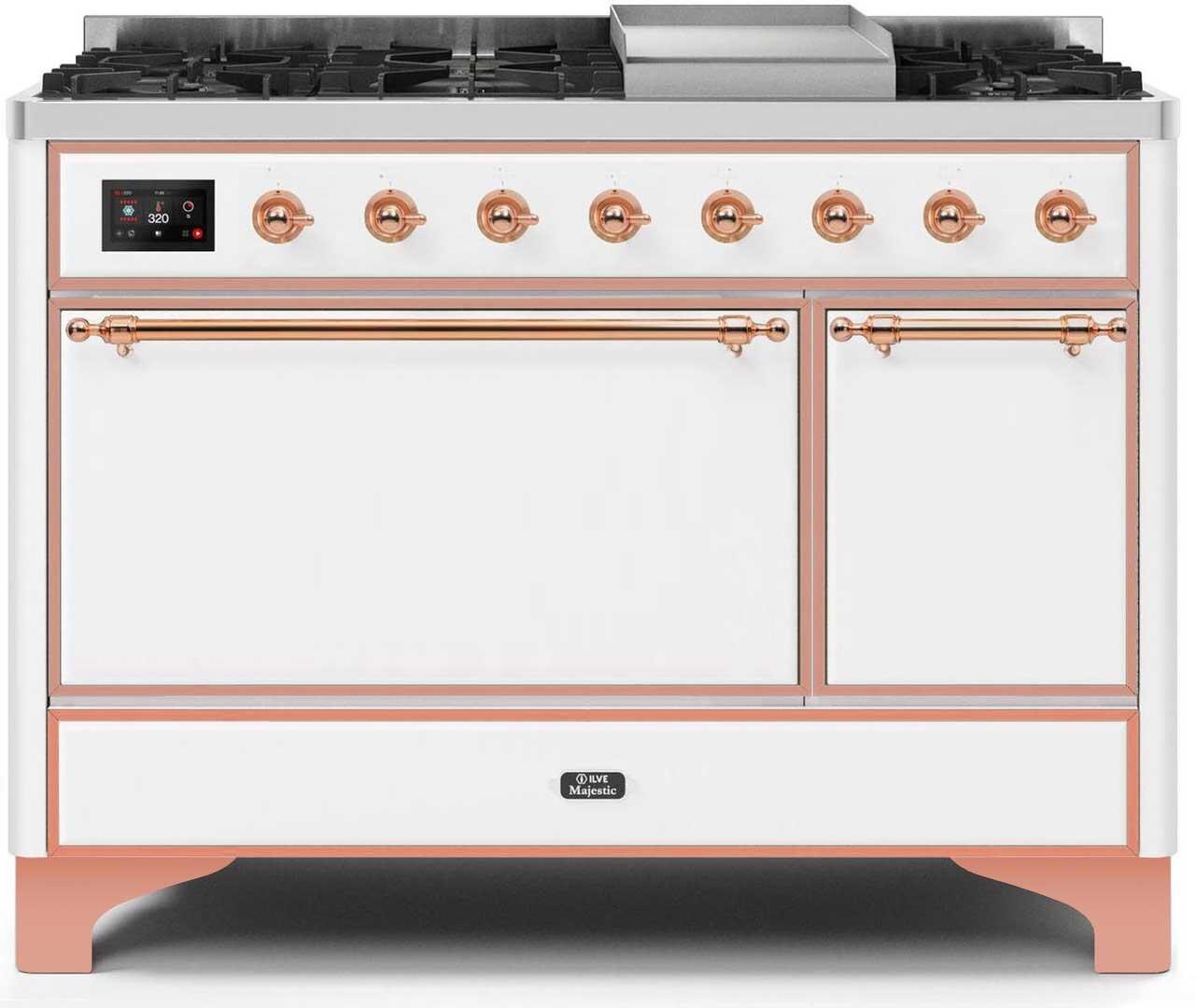 Majestic II 48 Inch Dual Fuel Natural Gas Freestanding Range in White with Copper Trim