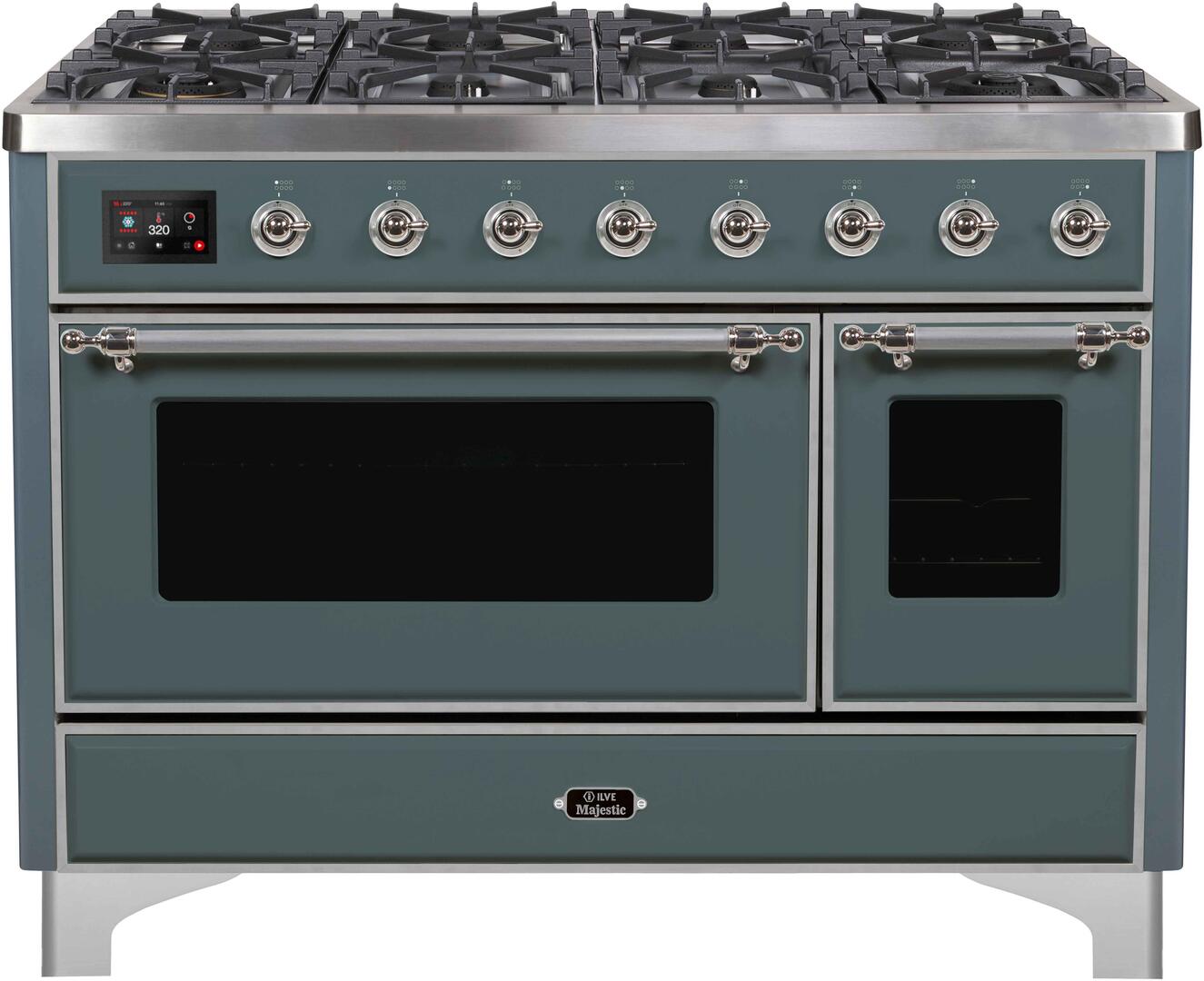 Majestic II 48 Inch Dual Fuel Natural Gas Freestanding Range in Blue Grey with Chrome Trim