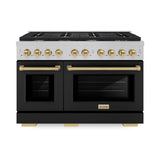 ZLINE Autograph Edition 48 in. 6.7 cu. ft. Paramount Double Oven Dual Fuel Range with 8 Burner Gas Cooktop in DuraSnow' Stainless Steel with Black Matte Door and Champagne Bronze Accents (SDRSZ-BLM-48-CB)