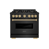 ZLINE Autograph Edition 36 in. 5.2 cu. ft. Classic Dual Fuel Range with 6 Burner Gas Cooktop and Electric Convection Oven in Black Stainless Steel with Polished Gold Accents (CDRBZ-36-G)