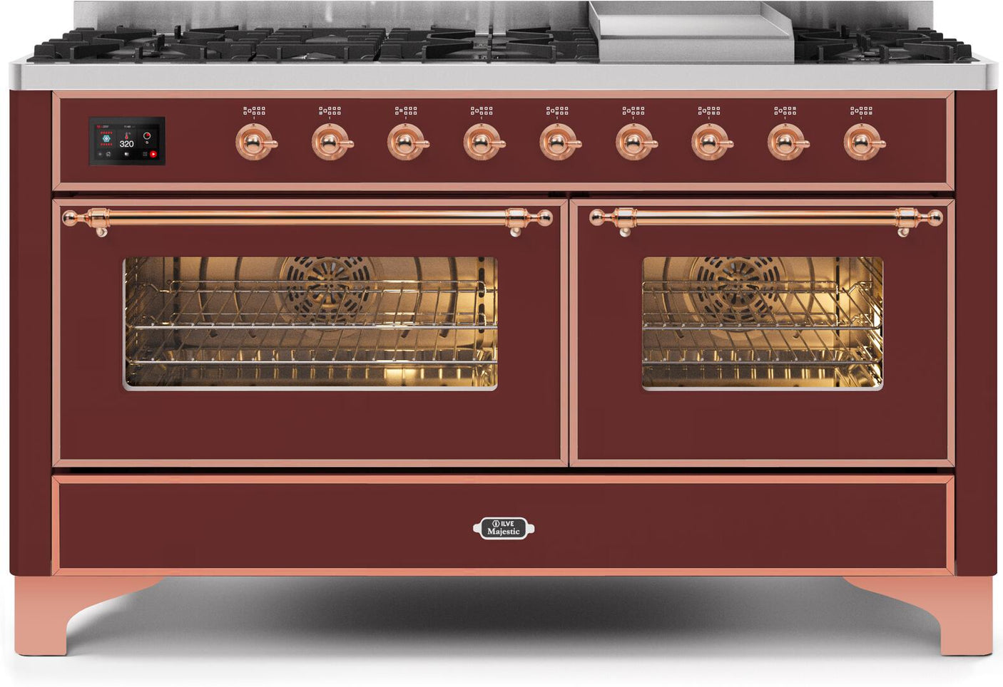 Majestic II 60 Inch Dual Fuel Natural Gas Freestanding Range in Burgundy with Copper Trim