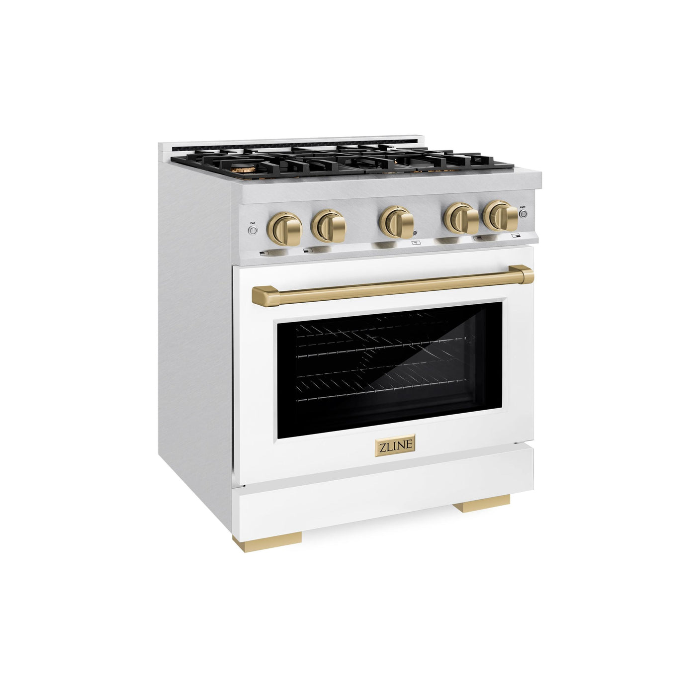 ZLINE Autograph Edition 30 in. 4.2 cu. ft. Select Dual Fuel Range with 4 Burner Gas Cooktop and Electric Convection Oven in DuraSnow' Stainless Steel with White Matte Door and Champagne Bronze Accents (HDRSZ-WM-30-CB)