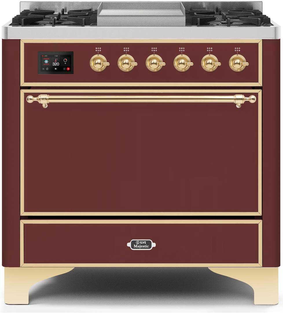 Majestic II 36 Inch Dual Fuel Natural Gas Freestanding Range in Burgundy with Brass Trim