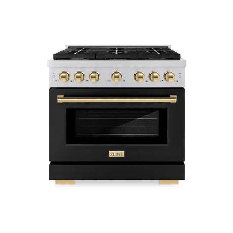 ZLINE Autograph Edition 36 in. 5.2 cu. ft. Paramount Gas Range with 6 Burner Cooktop and Convection Gas Oven in Stainless Steel with Black Matte Door and Polished Gold Accents (SGRZ-BLM-36-G)