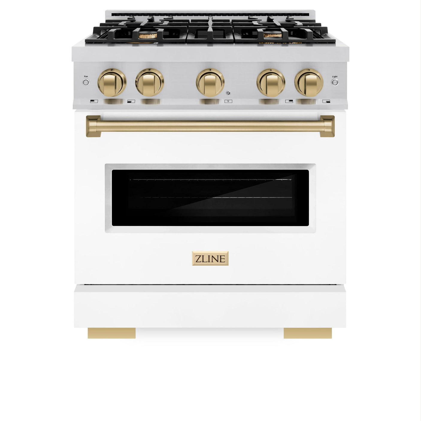 ZLINE Autograph Edition 30 in. 4.2 cu. ft. Classic Dual Fuel Range with 4 Burner Gas Cooktop and Electric Convection Oven in Stainless Steel with White Matte Door and Champagne Bronze Accents (CDRZ-WM-30-CB)