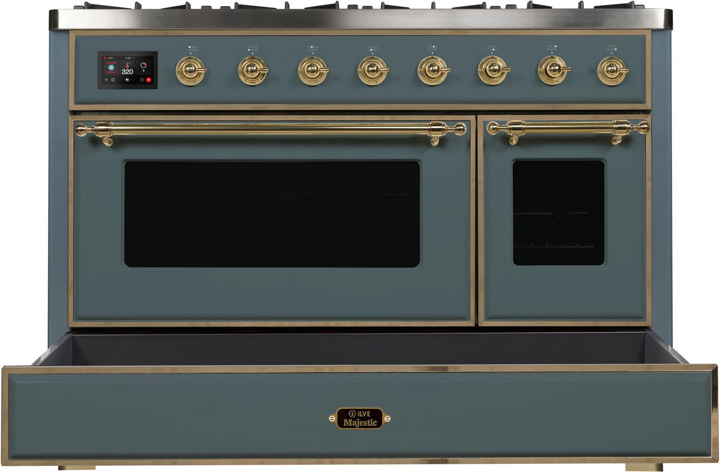 Majestic II 48 Inch Dual Fuel Liquid Propane Freestanding Range in Blue Grey with Brass Trim