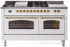 Nostalgie II 60 Inch Dual Fuel Liquid Propane Freestanding Range in White with Brass Trim