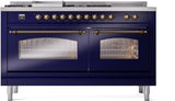 Nostalgie II 60 Inch Dual Fuel Natural Gas Freestanding Range in Blue with Bronze Trim