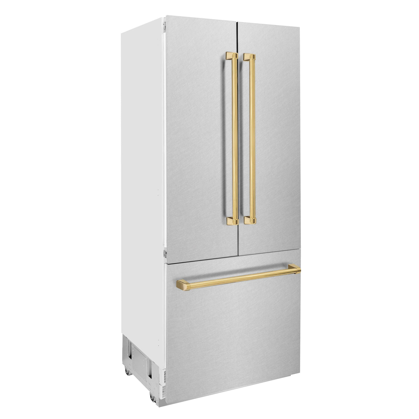 ZLINE 36" Autograph Edition 19.6 cu. ft. Built-in 3-Door French Door Refrigerator with Internal Water and Ice Dispenser in Fingerprint Resistant Stainless Steel with Polished Gold Accents (RBIVZ-SN-36-G)