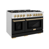 ZLINE Autograph Edition 48 in. 6.7 cu. ft. Select Double Oven Gas Range with 8 Burner Cooktop in DuraSnow' Stainless Steel with Black Matte Doors and Polished Gold Accents (HGRSZ-BLM-48-G)