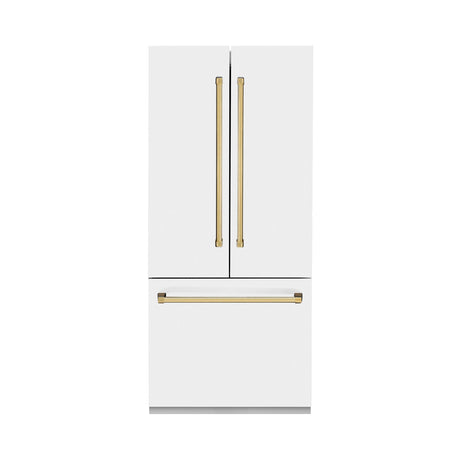 ZLINE 36" Autograph Edition 19.6 cu. ft. Built-in 3-Door French Door Refrigerator with Internal Water and Ice Dispenser in White Matte with Polished Gold Accents (RBIVZ-WM-36-G)