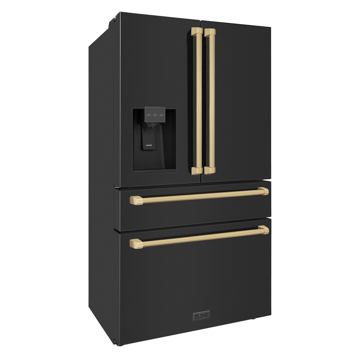 ZLINE 36" Autograph Edition 21.6 cu. ft Freestanding French Door Refrigerator with Water and Ice Dispenser in Fingerprint Resistant Black Stainless Steel with Accents (RFMZ-W-36-BS) [Color: Champagne Bronze Accents]