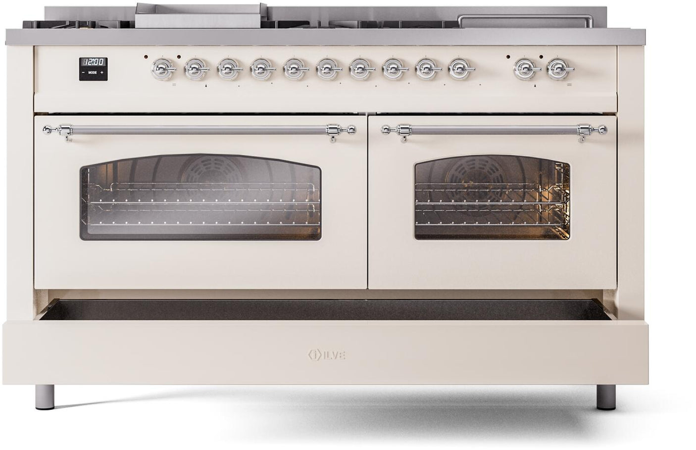 Nostalgie II 60 Inch Dual Fuel Natural Gas Freestanding Range in Antique White with Chrome Trim