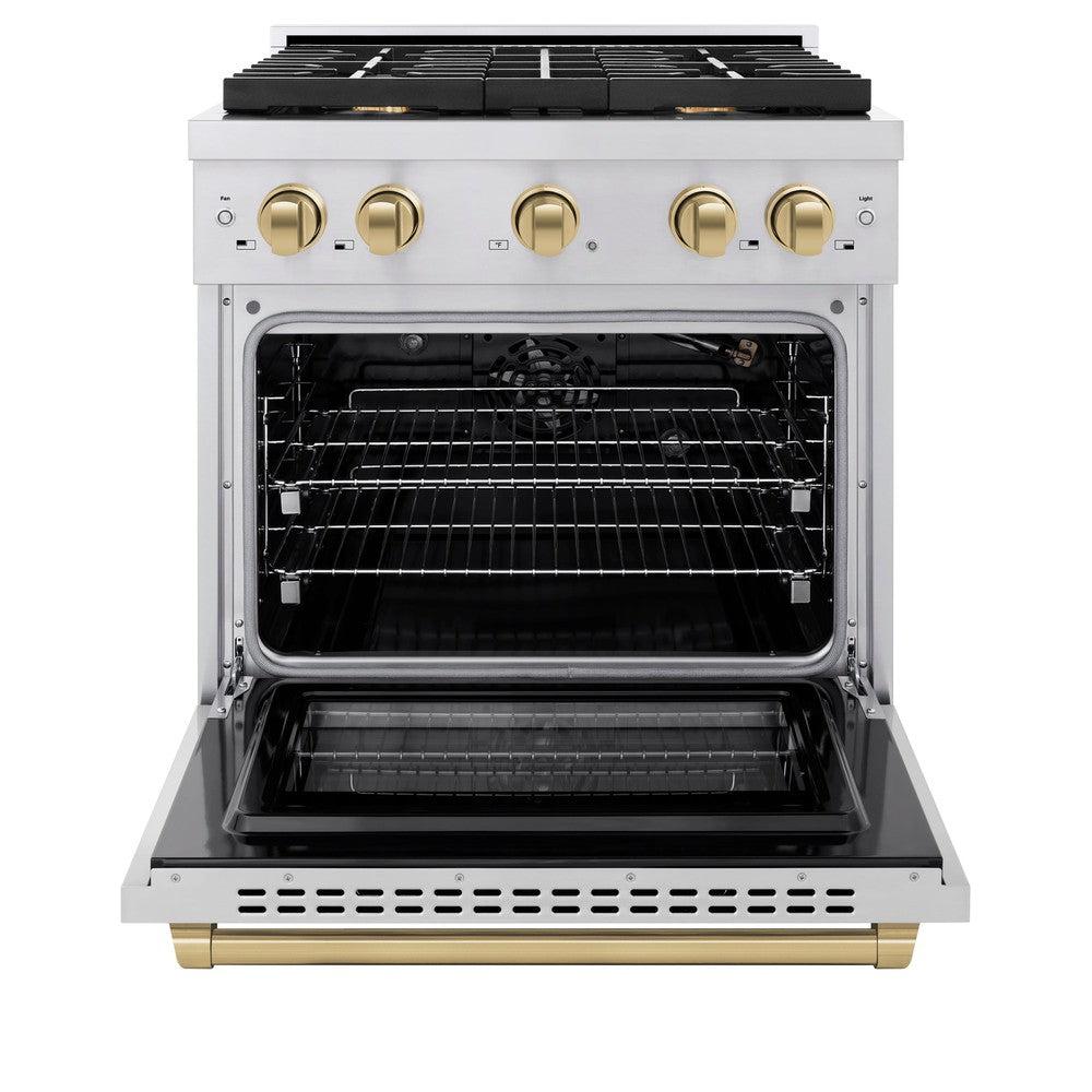 ZLINE Autograph Edition 30 in. 4.2 cu. ft. Paramount Dual Fuel Range with 4 Burner Gas Cooktop and Electric Convection Oven in Stainless Steel with Champagne Bronze Accents (SDRZ-30-CB)