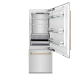 Products ZLINE 30? Autograph Edition 16.1 cu. ft. Built-in 2-Door Bottom Freezer Refrigerator with Internal Water and Ice Dispenser in Stainless Steel with Polished Gold Accents (RBIVZ-304-30-G)