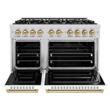 ZLINE Autograph Edition 48 in. 6.7 cu. ft. Classic Double Oven Dual Fuel Range with 8 Burner Gas Cooktop in Stainless Steel with White Matte Doors and Champagne Bronze Accents (CDRZ-WM-48-CB)