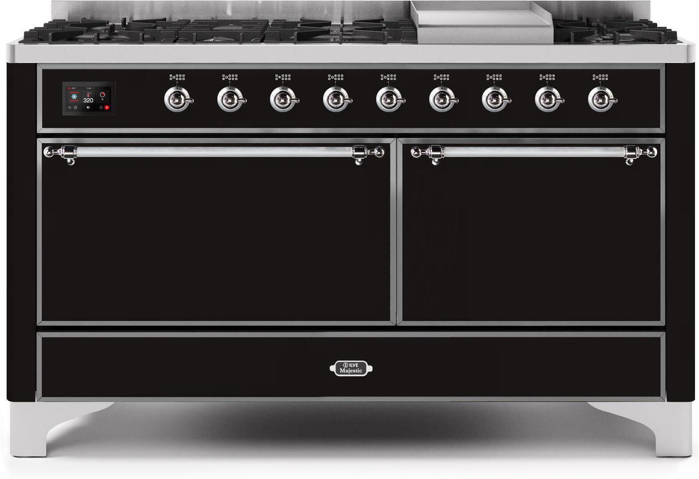 Majestic II 60 Inch Dual Fuel Natural Gas Freestanding Range in Glossy Black with Chrome Trim