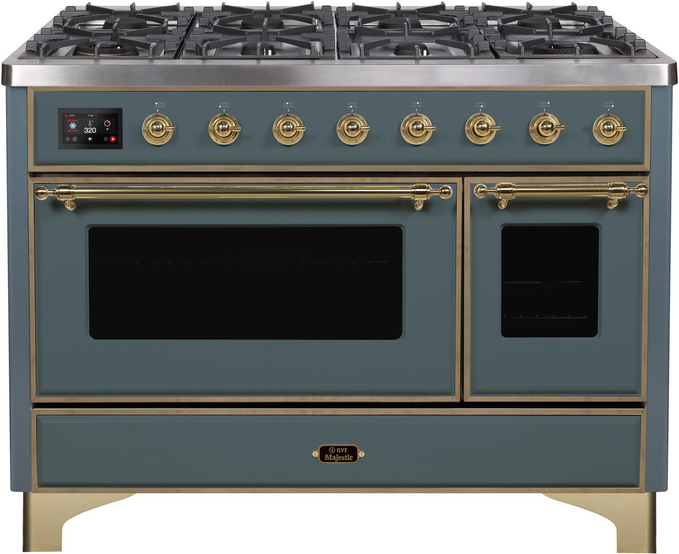 Majestic II 48 Inch Dual Fuel Liquid Propane Freestanding Range in Blue Grey with Brass Trim