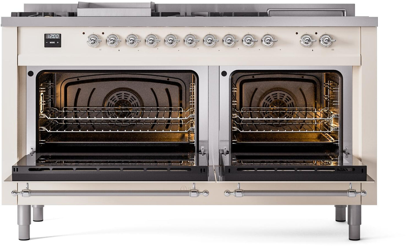 Nostalgie II 60 Inch Dual Fuel Natural Gas Freestanding Range in Antique White with Chrome Trim