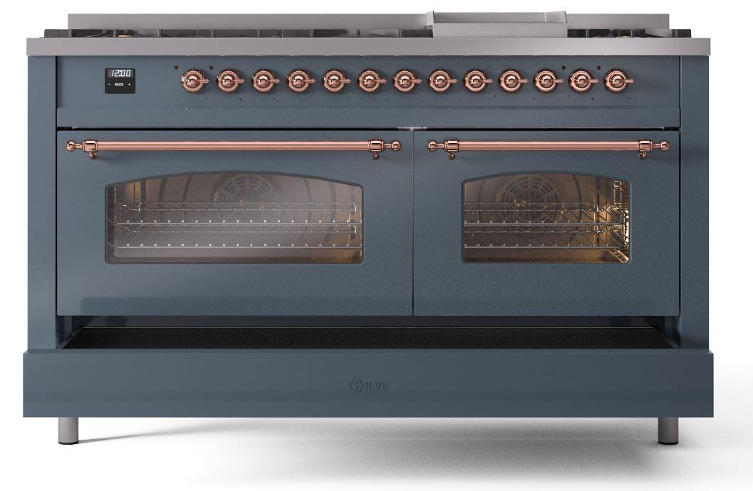 Nostalgie II 60 Inch Dual Fuel Natural Gas Freestanding Range in Blue Grey with Copper Trim