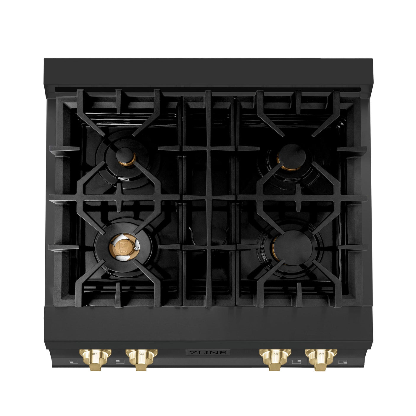 ZLINE Autograph Edition 30" Porcelain Rangetop with 4 Gas Burners in Black Stainless Steel and Polished Gold Accents (RTBZ-30-G)