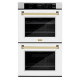 ZLINE 30 in. Autograph Edition Professional True Convection Double Wall Oven with Air Fry and Self Clean in DuraSnow' Stainless Steel with White Matte Doors and Polished Gold Handles (WADSZ-WM-30-G)