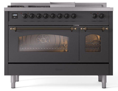 Nostalgie II 48 Inch Dual Fuel Liquid Propane Freestanding Range in Matte Graphite with Bronze Trim