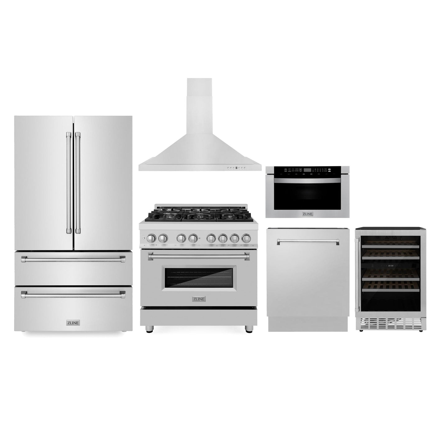 ZLINE Kitchen Package with Refrigeration, 36" Stainless Steel Dual Fuel Range, 36" Range Hood, Microwave Drawer, 24" Tall Tub Dishwasher and Wine Cooler (6KPR-RARH36-MWDWV-RWV)