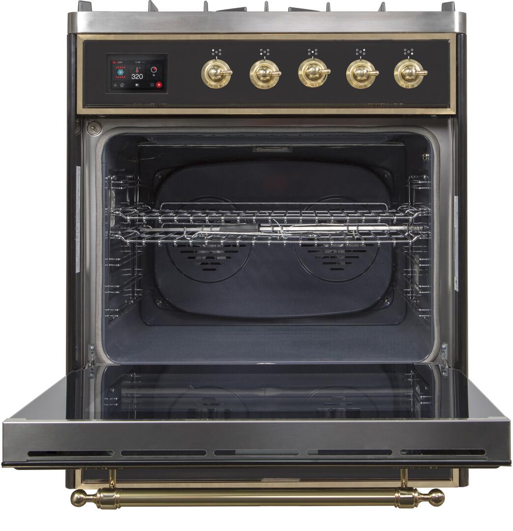 Majestic II 30 Inch Dual Fuel Liquid Propane Freestanding Range in Glossy Black with Brass Trim