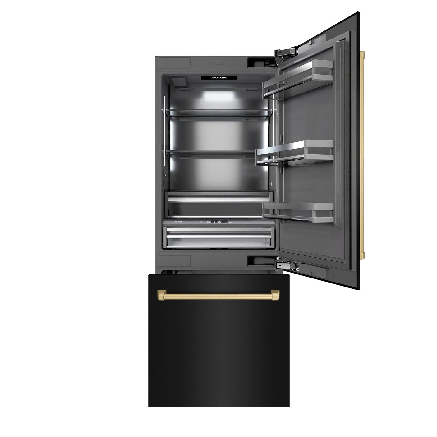 ZLINE Autograph Edition 30 in. 16.1 cu. ft. Built-In Bottom Freezer Refrigerator with Water Dispenser and Ice Maker in Black Stainless Steel with Graphite Gray Interior and Champagne Bronze Accents (GRBIVZ-BS-30-CB)