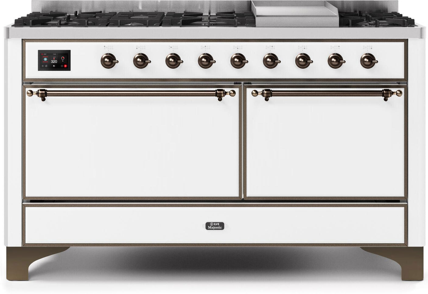 Majestic II 60 Inch Dual Fuel Natural Gas Freestanding Range in White with Bronze Trim