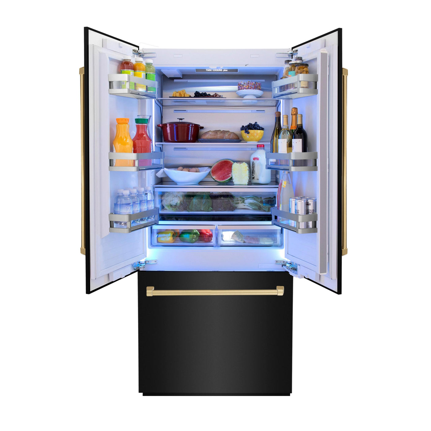 ZLINE 36" Autograph Edition 19.6 cu. ft. Built-in 3-DoorFrench Door Refrigerator with Internal Water and Ice Dispenser in Black Stainless Steel with Polished Gold Accents (RBIVZ-BS-36-G)