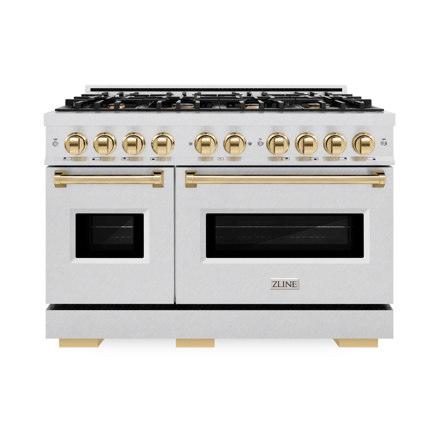 ZLINE Autograph Edition 48 in. 6.7 cu. ft. Classic Double Oven Dual Fuel Range with 8 Burner Gas Cooktop in DuraSnow' Stainless Steel and Polished Gold Accents (CDRSZ-48-G)