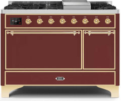 Majestic II 48 Inch Dual Fuel Liquid Propane Freestanding Range in Burgundy with Brass Trim