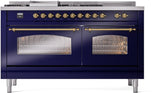 Nostalgie II 60 Inch Dual Fuel Natural Gas Freestanding Range in Blue with Brass Trim