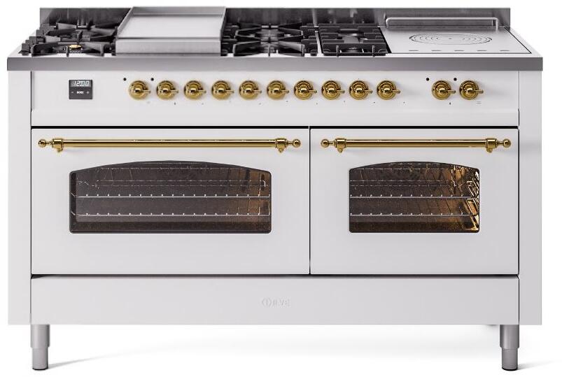 Nostalgie II 60 Inch Dual Fuel Natural Gas Freestanding Range in White with Brass Trim