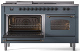 Nostalgie II 60 Inch Dual Fuel Natural Gas Freestanding Range in Blue Grey with Bronze Trim