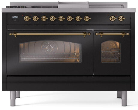 Nostalgie II 48 Inch Dual Fuel Liquid Propane Freestanding Range in Glossy Black with Brass Trim