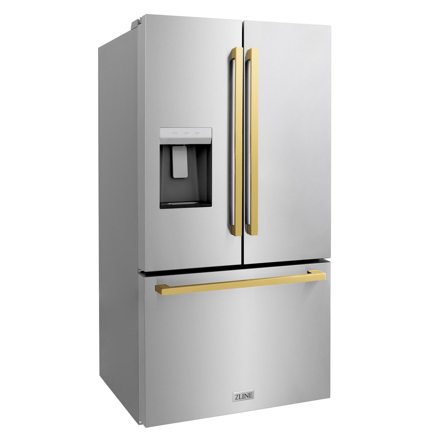 ZLINE 36 in. Autograph Edition 21.6 cu. ft 4-Door French Door Refrigerator with Water and Ice Dispenser in Stainless Steel with Polished Gold Modern Handles (RFMZ-W-36-FG)