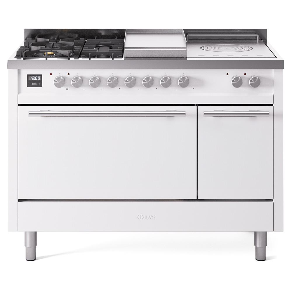 ILVE Professional Plus II 48 UP48FSQMPWH Freestanding Dual Fuel Range with 5 Sealed Burners Yes and French Top Double Oven with Solid Door in White with Stainless Steel knobs