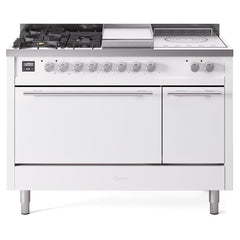 ILVE Professional Plus II 48 UP48FSQMPWH Freestanding Dual Fuel Range with 5 Sealed Burners Yes and French Top Double Oven with Solid Door in White with Stainless Steel knobs