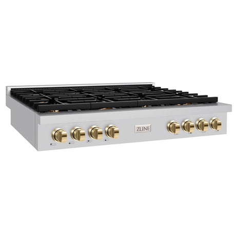 ZLINE 48 in. Autograph Edition Paramount Gas Rangetop with 8 Burners and Porcelain Cooktop in Stainless Steel with Polished Gold Accents (SRTZ-48-G)