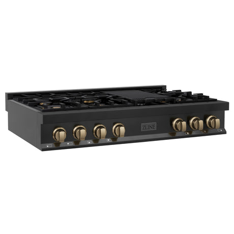 ZLINE Autograph Edition 48 in. Porcelain Rangetop with 7 Gas Burners in Black Stainless Steel and Champagne Bronze Accents (RTBZ-48-CB) [Color: Champagne Bronze]