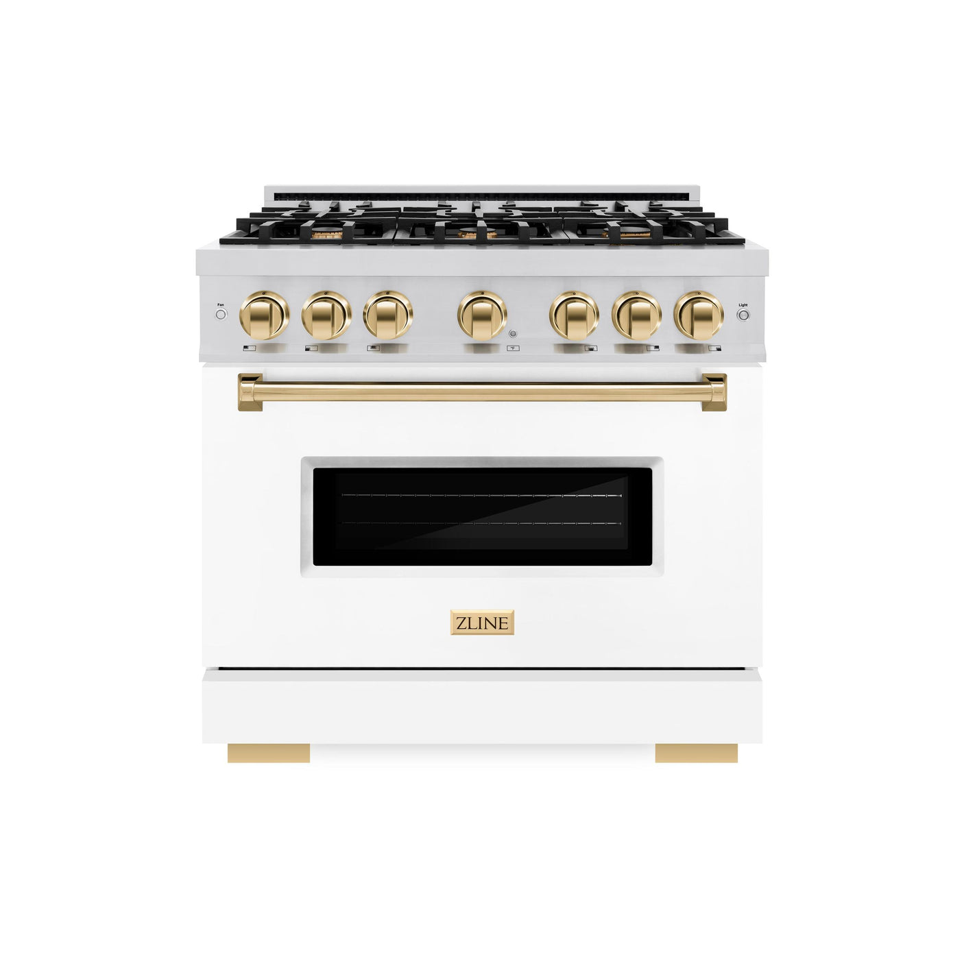 ZLINE Autograph Edition 36 in. 5.2 cu. ft. Classic Dual Fuel Range with 6 Burner Gas Cooktop and Electric Convection Oven in Stainless Steel with White Matte Door and Polished Gold Accents (CDRZ-WM-36-G)