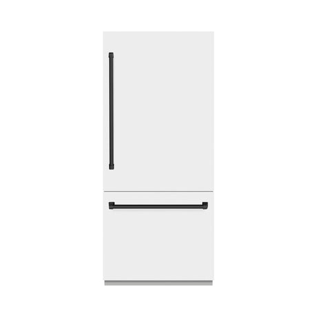 ZLINE Autograph Edition 36 in. 19.8 cu. ft. Built-In Bottom Freezer Refrigerator with Water Dispenser and Ice Maker in White Matte with Graphite Gray Interior and Matte Black Accents (GRBITZ-WM-36-MB)